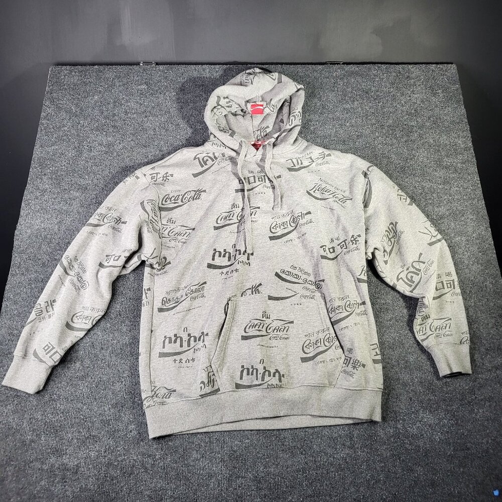 Coca Cola Hoodie Mens XL Gray All Over Print Logo Pullover Sweatshirt Coke
